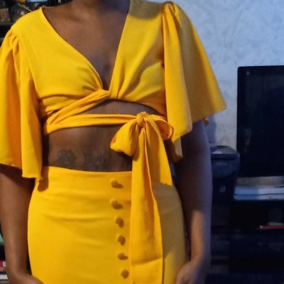 Cross Wrap Blouse & Split Hem Skirt 2 piece set -Yellow - Picture 8 of 8